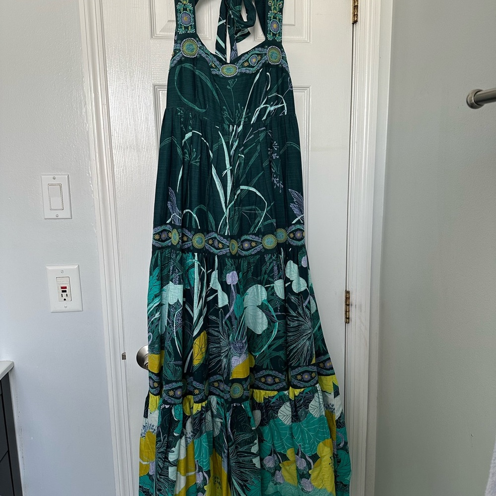 Anthropologie Green and Blue Tiered Ruffled Sundress